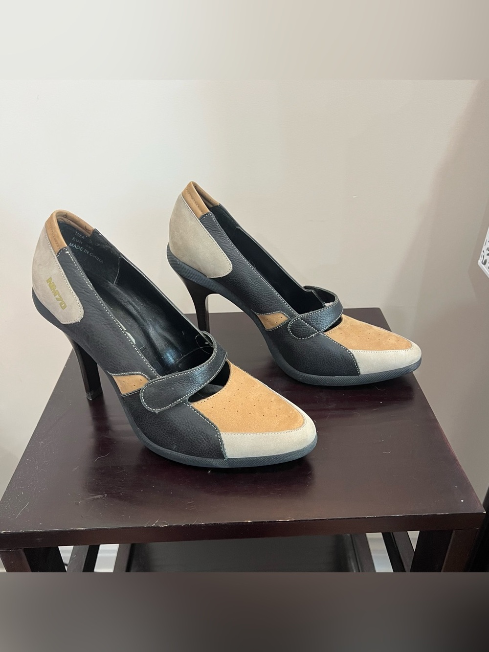 Women’s Two-Tone Suede & Leather High Heel Mary Jane Pump - Black,Gray & Tan
